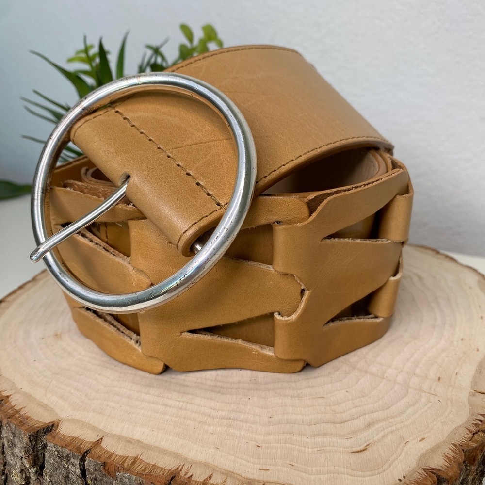 Womens Tan Leather Wide Cutout Belt Silver‎ O-Ring Buckle Geometric Statement